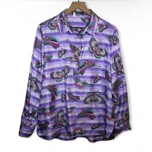 Vintage Salvatore Ferragamo 100% Silk Butterfly Print Sz 14 Blouse Purple Italy